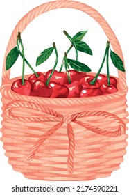Cerezo en una canasta de mimbre. Ilustración vectorial de acuarela. Aislado sobre un fondo blanco. Para su diseño libros de cocina, recetas, accesorios de cocina.