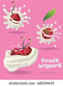 cherry yoghurt, set,splash milk, cherries,vector illustration