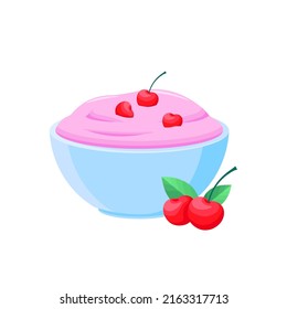 Yogur cereza en una ilustración vectorial de caricatura de arco. Crema rosa cereza en un plato.