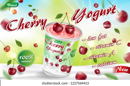 Cherry yogurt container isolated with Falling realistic ripe cherry. Cream yogurt products package ad. Vector illustration