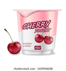 Cherry yogurt isolated Vector realistic. Detailed 3d plastic container illustration