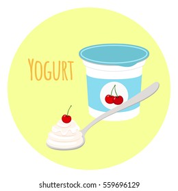 Cherry yogurt in plastic cup. Milk cream product in flat vector style.