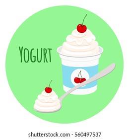 Cherry yogurt in plastic cup. Milk cream product in flat vector style.