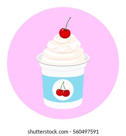 Cherry yogurt in plastic cup. Milk cream product in flat vector style.