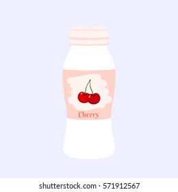 Cherry yogurt in plastic cup. Milk cream product in flat vector style.