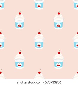 Cherry yogurt in plastic cup. Seamless pattern. Milk cream product. Flat style