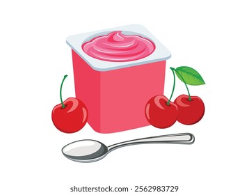 Cherry yogurt in a plastic cup and spoon vector illustration. Cherry yogurt plastic cup icon vector isolated on a white background. Fruit yoghurt and fresh cherries drawing