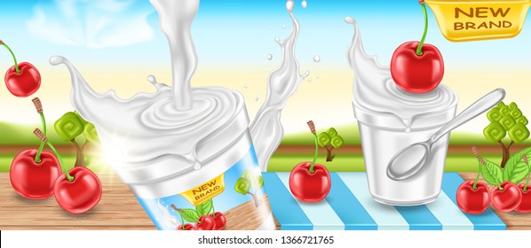 Cherry yogurt. Realistic 3d vector illustration.