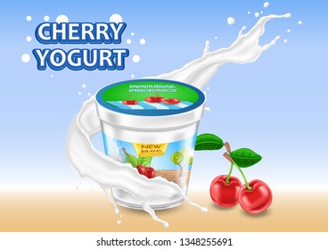 Cherry yogurt. Realistic vector illustration. Packaging design.