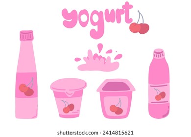 Cherry yogurt set pink colour splashes flat design