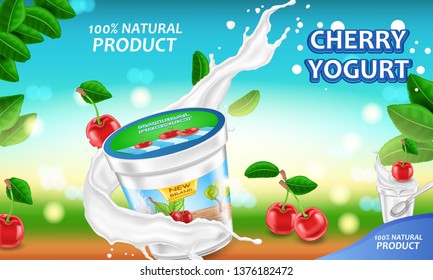 A cherry yogurt with a span and splashes covers glass. Fresh natural dairy product.