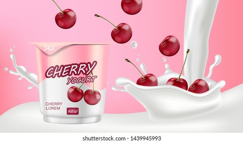 Cherry yogurt Vector realistic. Product placement mock up. Label design. Milk splash. Detailed 3d illustration