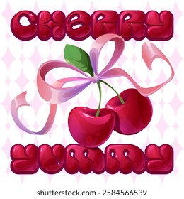 Cherry Yummy text design with ripe red berries and pink ribbon bow. Glossy bubble letters with fresh fruit composition on diamond pattern background. Sweet cartoon food for packaging or label design.