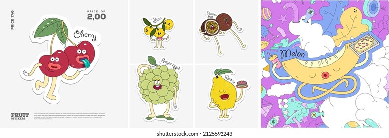 Cherry, Yuzu, Passion fruit, Sugar apple, Quince, Melon. Fruit. Set of vector stickers. Funny characters in doodle style. Hand-drawn cartoon icons with stroke.