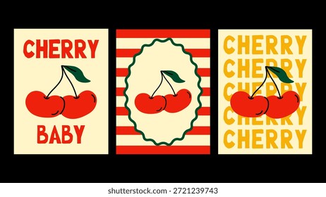 Conjunto de póster inspirado en cerezas con un sentimiento atrevido y dulce. Estética de frutas retro y detalles rojos vibrantes para una decoración de pared con estilo.
