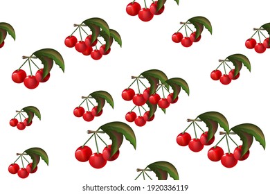 cereza.tres cerezas maduras rojas brillantes con hoja verde.patrón sin costura en fondo blanco.print.vector ilustración