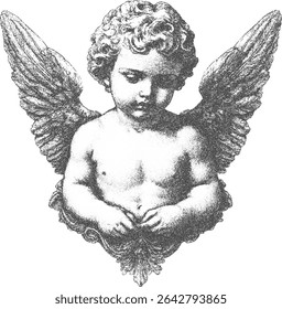 Cherub, anjo Fino efeito pontilhado. Olhar vintage.