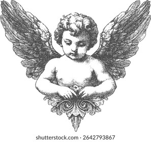 Cherub, anjo Fino efeito pontilhado. Olhar vintage.