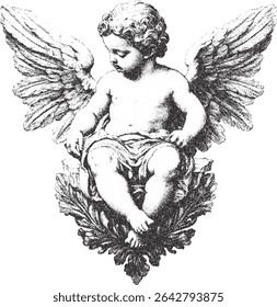 Cherub, angel Fine stippled effect. Vintage look.