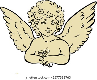 Cherub angel holding a cocktail decor illustration.