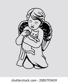 cherub angel hugging cat. Cat with angel. Animal Love care