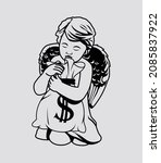 Cherub angel hugging sack of money. Sack of dollar money with angel