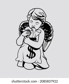 Cherub Angel Hugging Sack Of Money. Sack Of Dollar Money With Angel