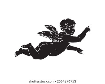 Cherub black silhouette for Valentine's Day with cupid vector. Vector symbol of love and romantic. Antique Angel Baby Cupid illustration for printing on cards, invitations, tattoo, clothing art