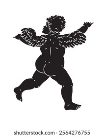 Cherub black silhouette for Valentine's Day with cupid vector. Vector symbol of love and romantic. Antique Angel Baby Cupid illustration for printing on cards, invitations, tattoo, clothing art