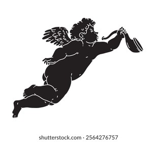 Cherub black silhouette for Valentine's Day with cupid vector. Vector symbol of love and romantic. Antique Angel Baby Cupid illustration for printing on cards, invitations, tattoo, clothing art