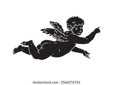 Cherub black silhouette for Valentine's Day with cupid vector. Vector symbol of love and romantic. Antique Angel Baby Cupid illustration for printing on cards, invitations, tattoo, clothing art