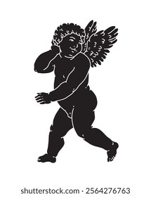 Cherub black silhouette for Valentine's Day with cupid vector. Vector symbol of love and romantic. Antique Angel Baby Cupid illustration for printing on cards, invitations, tattoo, clothing art