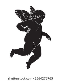 Cherub black silhouette for Valentine's Day with cupid vector. Vector symbol of love and romantic. Antique Angel Baby Cupid illustration for printing on cards, invitations, tattoo, clothing art