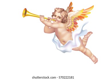 Cherub Blowing into a tube on a white background on the right