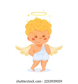 Cherub child with halo is confused. Blond cute angel for valentine's day. Vector illustration of a holy boy.