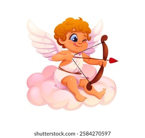 Cherub cupid with bow and arrow. Cute Valentine Day angel character sitting on cloud and aiming. Isolated cartoon vector charming symbol of love, passion and romance with wings ready break hearts