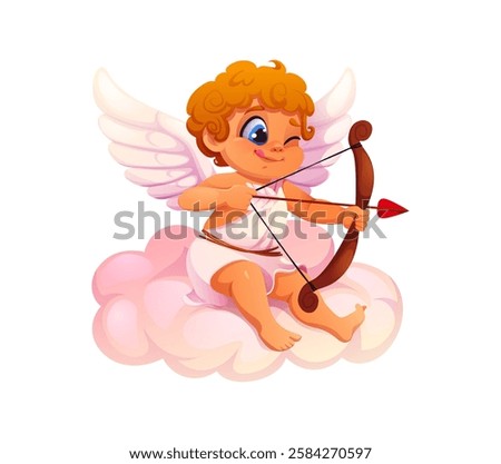 Cherub cupid with bow and arrow. Cute Valentine Day angel character sitting on cloud and aiming. Isolated cartoon vector charming symbol of love, passion and romance with wings ready break hearts