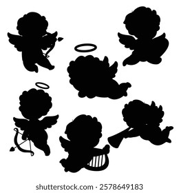 Cherub cupid silhouettes, angels with love arrows and bows or blowing horns, vector icons. Valentine day cupids or cherubim baby angles flying in wings for vintage retro cherub silhouettes