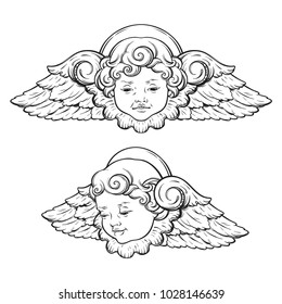 Cherub cute winged curly smiling baby boy angel set isolated over white background. Hand drawn design vector illustration.