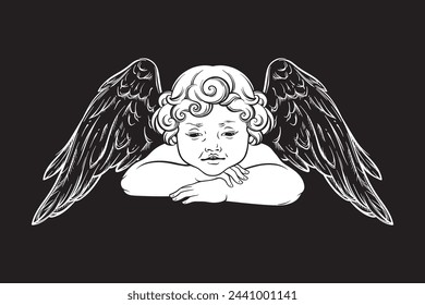 Cherub cute winged curly smiling baby boy angel isolated over black background. Hand drawn design vector illustration