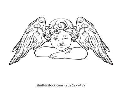 Cherub cute winged curly smiling baby boy angel isolated over white background. Hand drawn design vector illustration