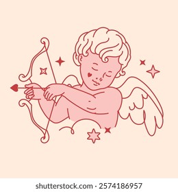 Cherub with delicate wings, bow and arrow. Simple, clean line art style with a soft, pastel color palette. Creamy beige and warm tones. Playful romantic aesthetic evokes sense of innocence and love
