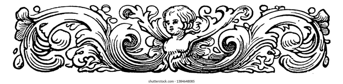 Cherub Divider have decorated with a cherub's face and floral ornaments in this picture, vintage line drawing or engraving illustration.