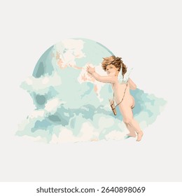 Cherub globe watercolor illustration element vintage artwork, vintage vector element.