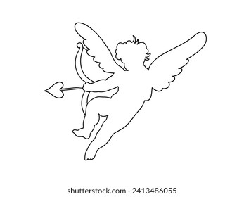 Cherub line art Valentines day. Cute cupid outline angel with wings, arrow and bow isolated on white background. Vector illustration