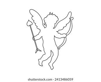 Cherub line art Valentines day. Cute cupid outline angel with wings, arrow and bow isolated on white background. Vector illustration