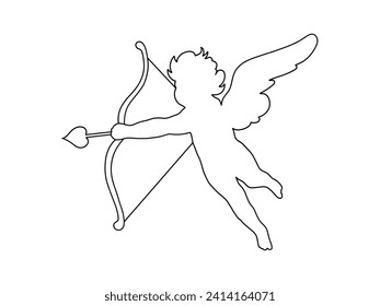 Cherub line art Valentines day. Cute cupid outline angel with wings, arrow and bow isolated on white background. Vector illustration