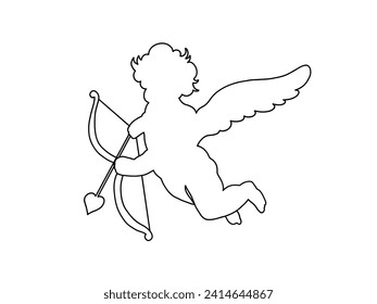 Cherub line art Valentines day. Cute cupid outline angel with wings, arrow and bow isolated on white background. Vector illustration