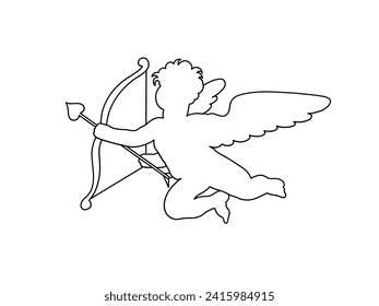 Cherub line art Valentines day. Cute cupid outline angel with wings, arrow and bow isolated on white background. Vector illustration