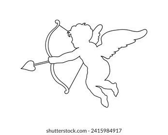 Cherub Line Art Valentinstag. Cute cupid Umriss Engel mit Flügeln, Pfeil und Bogen einzeln auf weißem Hintergrund. Vektorgrafik